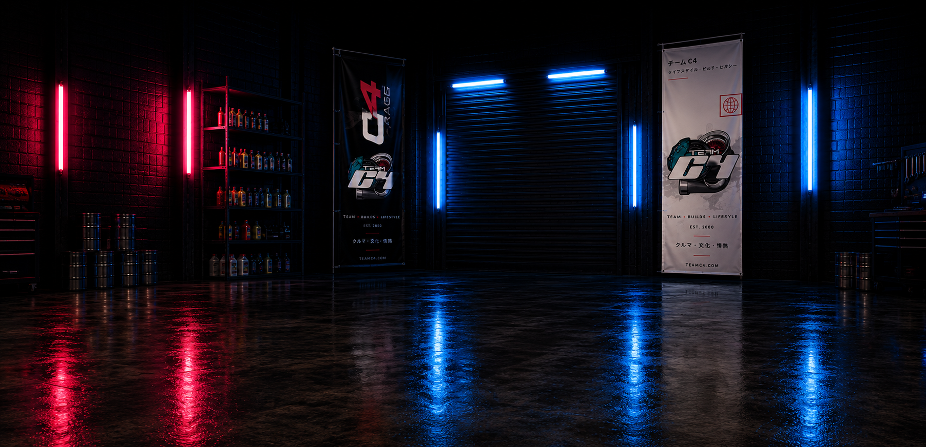 A neon-lit Team C4 industrial garage